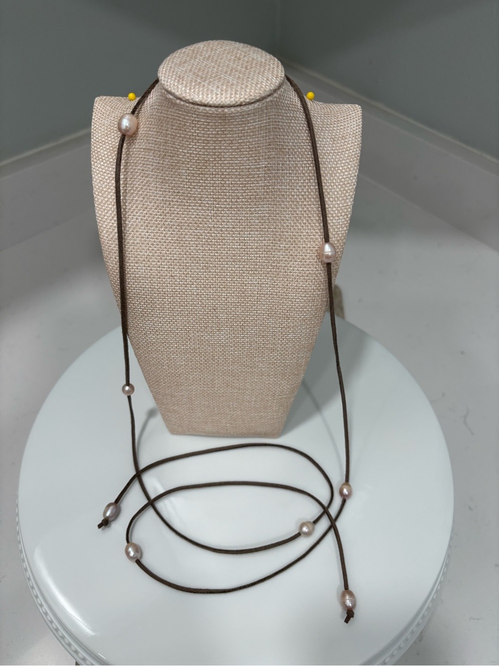 Lariat Pearl Accent Brown Cord Necklace